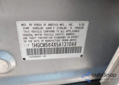 2005 Honda Accord 2.4 Lx from USA, damaged, VIN 1HGCM564X5A131044